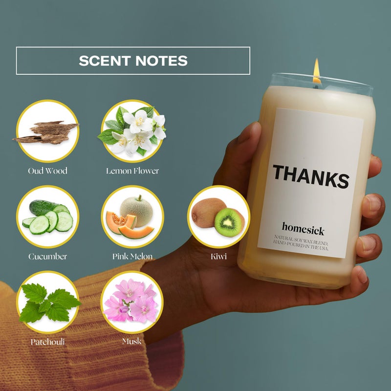 Homesick Scented Candles for Home (Thanks) - 13.75 oz Long-Lasting Soy Wax Blend Jar Candle Gifts for Women for All Occasions, 60-80 Hours Burn Time - Notes of Cucumber, Lemon & Patchouli - Image 3